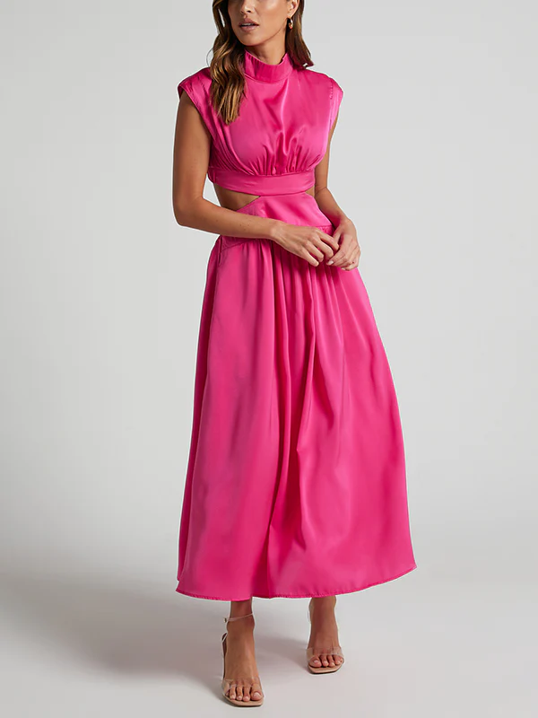 Cap Sleeve Belly-Hollow Pleated Solid Color Stand Collar Maxi Dresses - Image 21