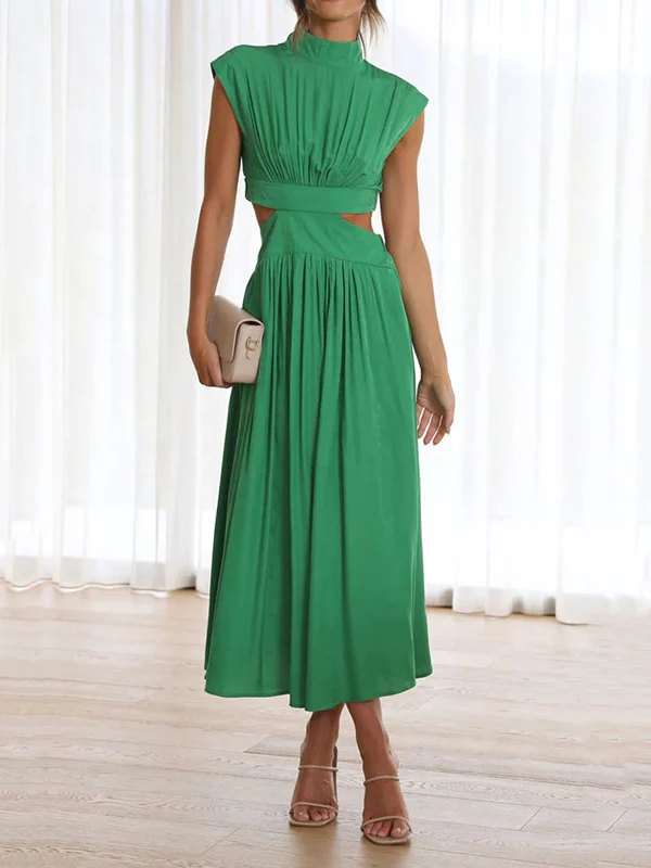 Cap Sleeve Belly-Hollow Pleated Solid Color Stand Collar Maxi Dresses - Image 22