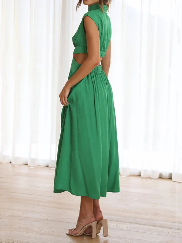 Cap Sleeve Belly-Hollow Pleated Solid Color Stand Collar Maxi Dresses - Image 24