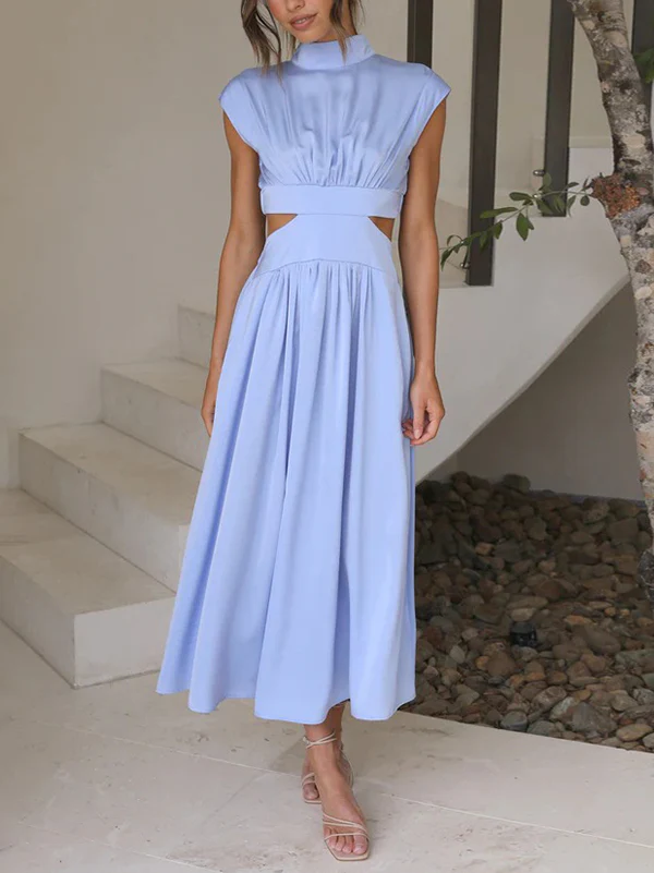 Cap Sleeve Belly-Hollow Pleated Solid Color Stand Collar Maxi Dresses - Image 25