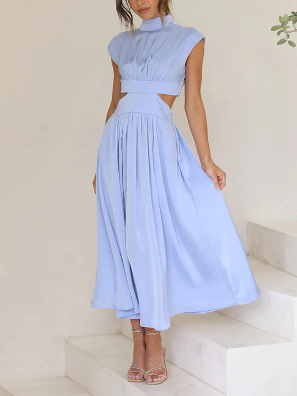 Cap Sleeve Belly-Hollow Pleated Solid Color Stand Collar Maxi Dresses - Image 26