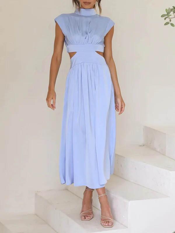 Cap Sleeve Belly-Hollow Pleated Solid Color Stand Collar Maxi Dresses - Image 27