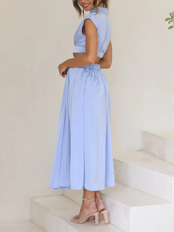Cap Sleeve Belly-Hollow Pleated Solid Color Stand Collar Maxi Dresses - Image 28