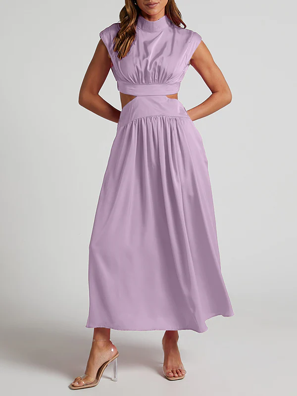 Cap Sleeve Belly-Hollow Pleated Solid Color Stand Collar Maxi Dresses - Image 29