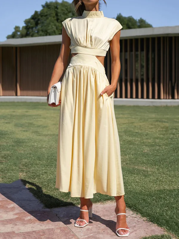 Cap Sleeve Belly-Hollow Pleated Solid Color Stand Collar Maxi Dresses - Image 3