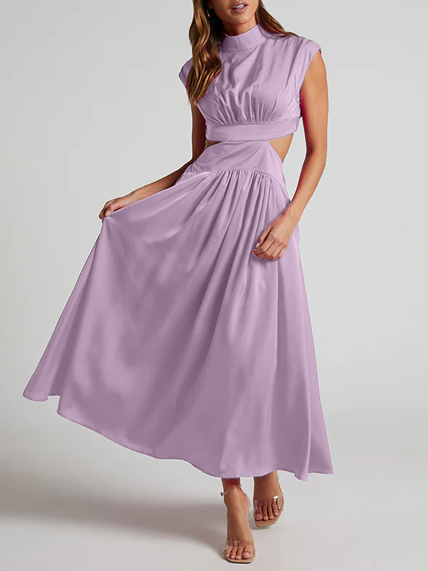 Cap Sleeve Belly-Hollow Pleated Solid Color Stand Collar Maxi Dresses - Image 30