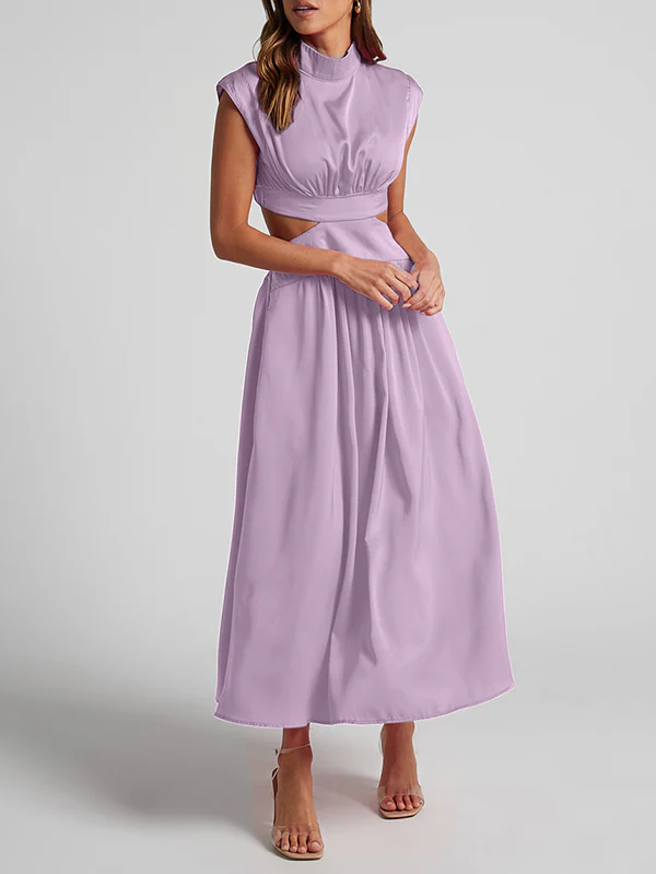 Cap Sleeve Belly-Hollow Pleated Solid Color Stand Collar Maxi Dresses - Image 31