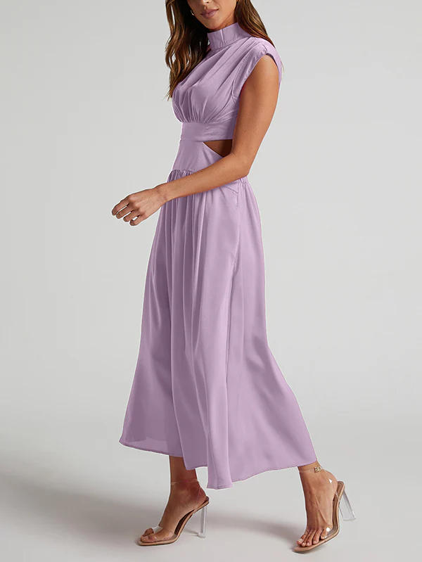 Cap Sleeve Belly-Hollow Pleated Solid Color Stand Collar Maxi Dresses - Image 32