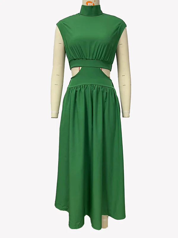 Cap Sleeve Belly-Hollow Pleated Solid Color Stand Collar Maxi Dresses - Image 33