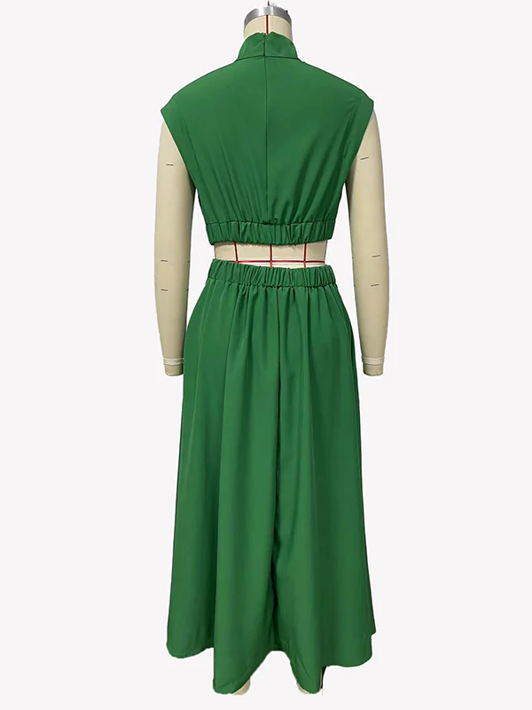 Cap Sleeve Belly-Hollow Pleated Solid Color Stand Collar Maxi Dresses - Image 34