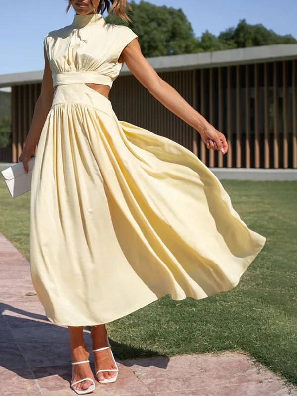 Cap Sleeve Belly-Hollow Pleated Solid Color Stand Collar Maxi Dresses - Image 4