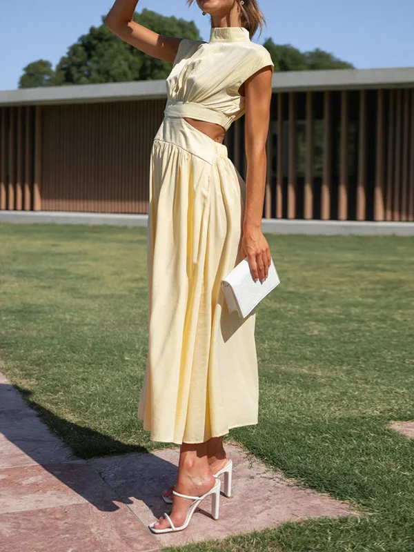 Cap Sleeve Belly-Hollow Pleated Solid Color Stand Collar Maxi Dresses - Image 6