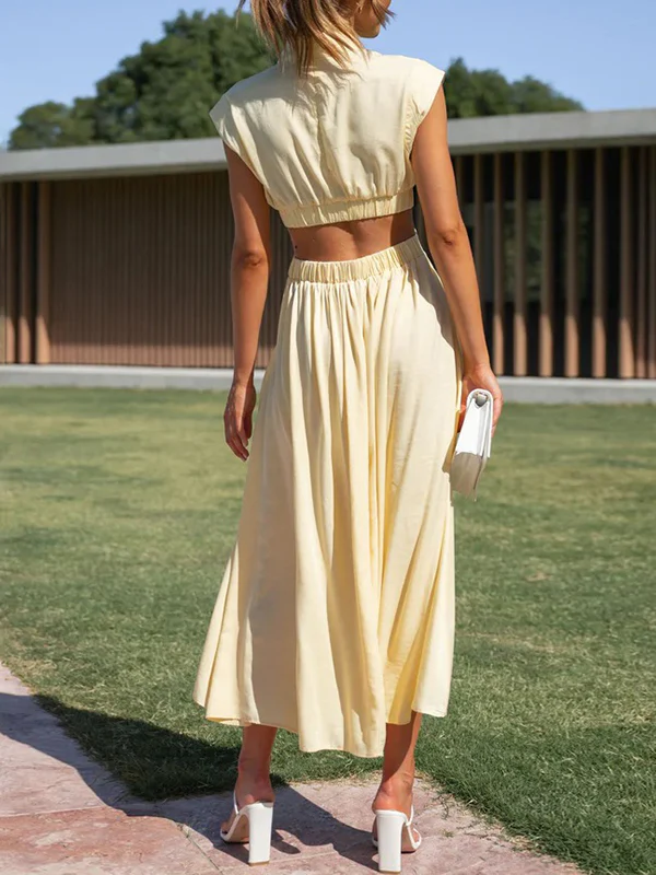 Cap Sleeve Belly-Hollow Pleated Solid Color Stand Collar Maxi Dresses - Image 7