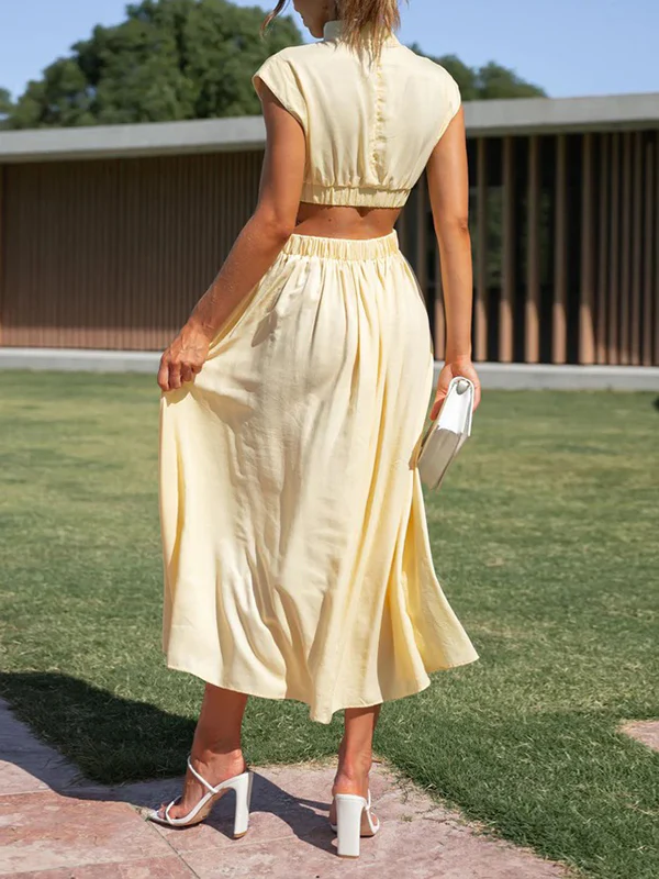 Cap Sleeve Belly-Hollow Pleated Solid Color Stand Collar Maxi Dresses - Image 8