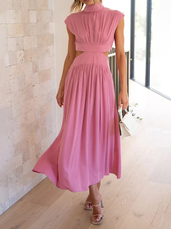 Cap Sleeve Belly-Hollow Pleated Solid Color Stand Collar Maxi Dresses - Image 9