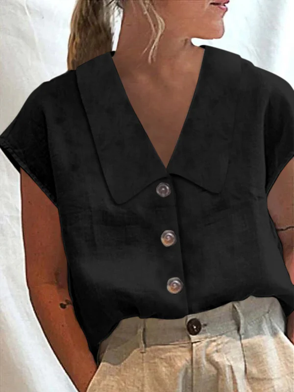 Cap Sleeve Loose Buttoned Solid Color Lapel Blouses&Shirts Tops - Image 2