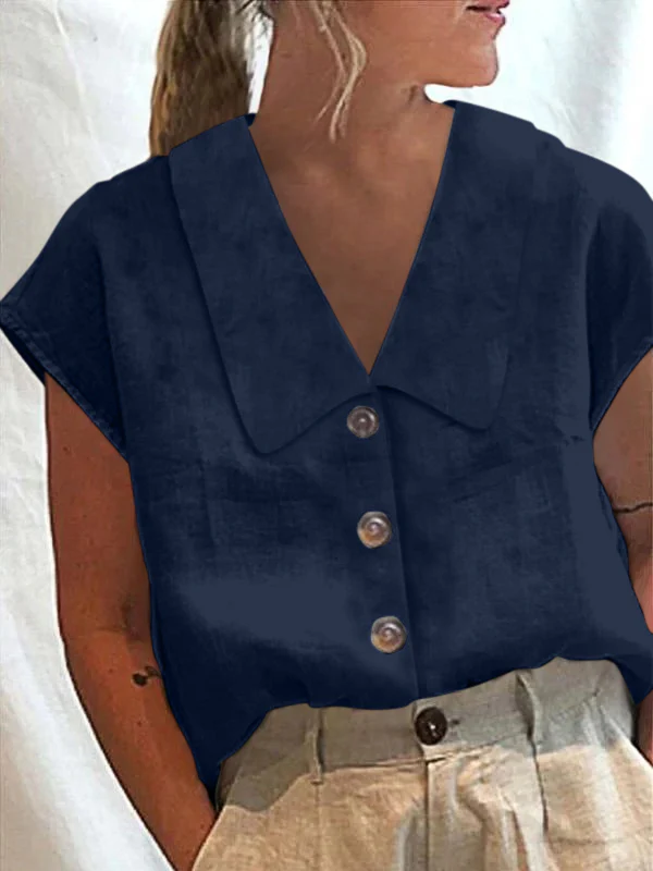 Cap Sleeve Loose Buttoned Solid Color Lapel Blouses&Shirts Tops - Image 3
