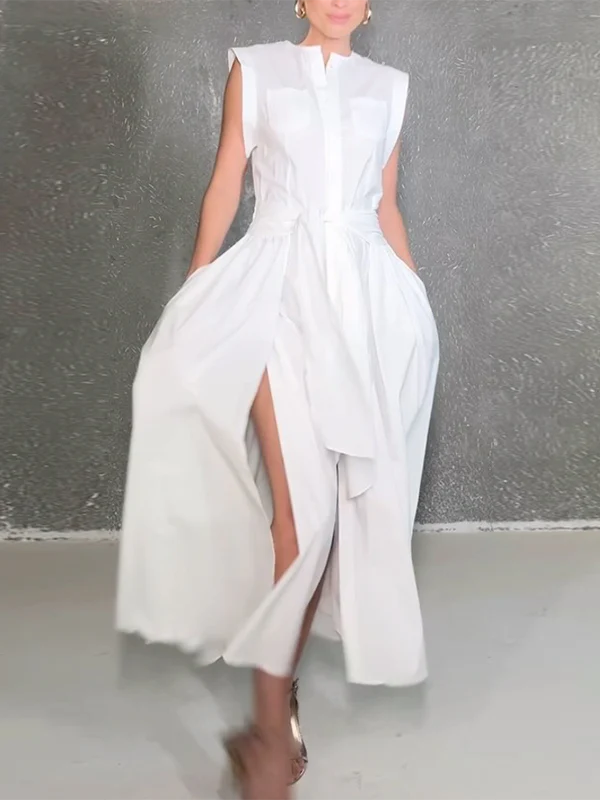Cap Sleeve Loose Buttoned Solid Color Split-Side Tied Waist Maxi Dresses Shirt Dress - Image 2