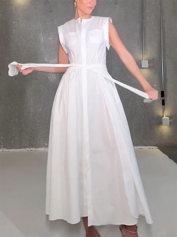 Cap Sleeve Loose Buttoned Solid Color Split-Side Tied Waist Maxi Dresses Shirt Dress - Image 3