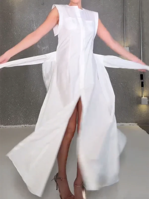 Cap Sleeve Loose Buttoned Solid Color Split-Side Tied Waist Maxi Dresses Shirt Dress - Image 4