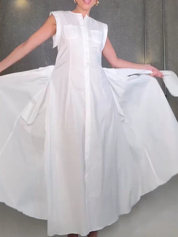 Cap Sleeve Loose Buttoned Solid Color Split-Side Tied Waist Maxi Dresses Shirt Dress - Image 5