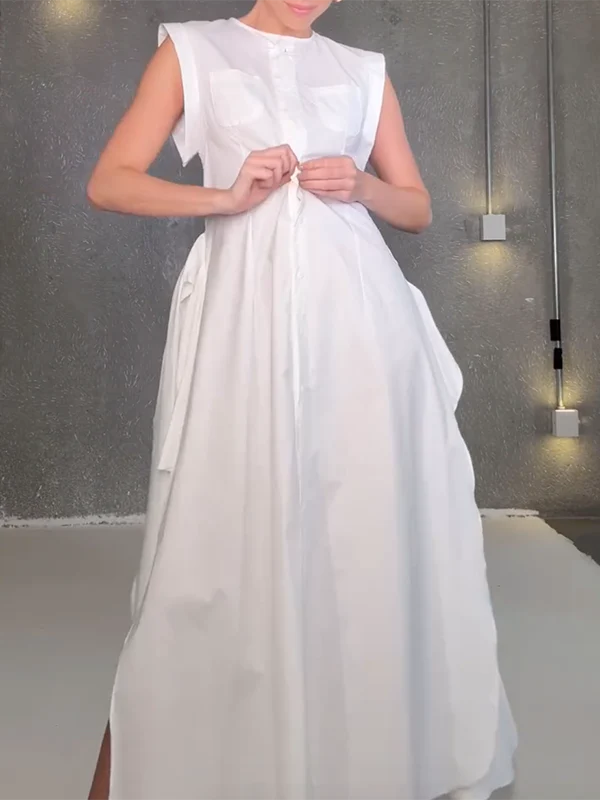 Cap Sleeve Loose Buttoned Solid Color Split-Side Tied Waist Maxi Dresses Shirt Dress - Image 6
