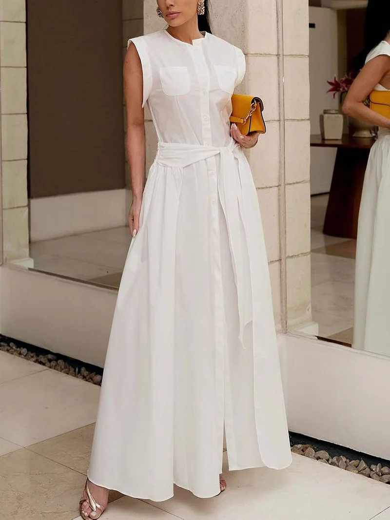 Cap Sleeve Loose Buttoned Solid Color Split-Side Tied Waist Maxi Dresses Shirt Dress - Image 7