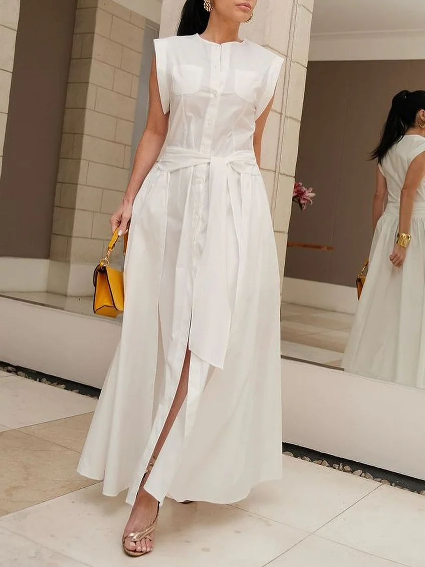Cap Sleeve Loose Buttoned Solid Color Split-Side Tied Waist Maxi Dresses Shirt Dress - Image 8