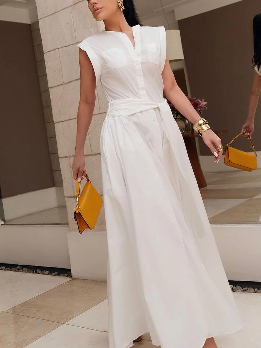 Cap Sleeve Loose Buttoned Solid Color Split-Side Tied Waist Maxi Dresses Shirt Dress - Image 9