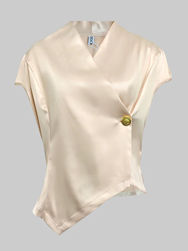 Cap Sleeve Loose Buttoned Solid Color V-Neck Vest Top - Image 4