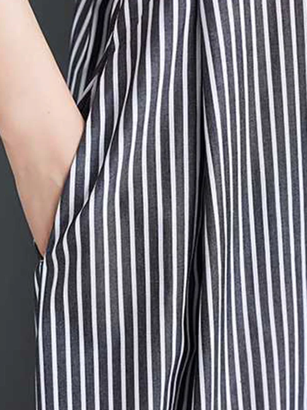 Cap Sleeve Loose Buttoned Striped Lapel Maxi Dresses Shirt Dress - Image 10