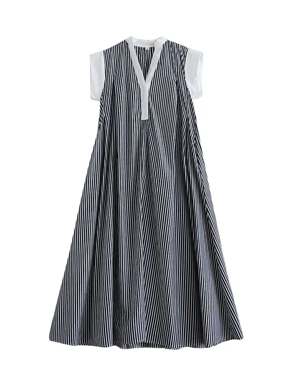 Cap Sleeve Loose Buttoned Striped Lapel Maxi Dresses Shirt Dress - Image 12