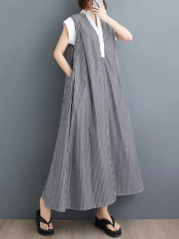 Cap Sleeve Loose Buttoned Striped Lapel Maxi Dresses Shirt Dress - Image 2