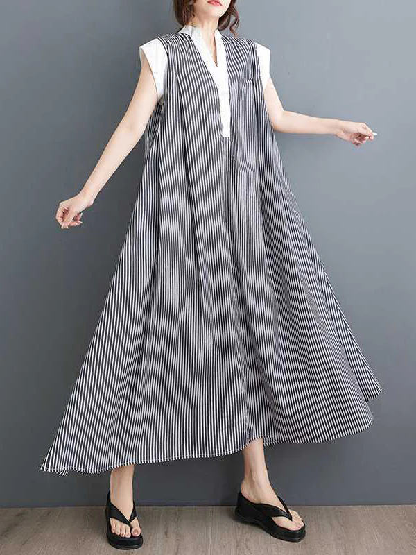 Cap Sleeve Loose Buttoned Striped Lapel Maxi Dresses Shirt Dress - Image 3