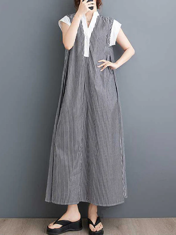 Cap Sleeve Loose Buttoned Striped Lapel Maxi Dresses Shirt Dress - Image 4