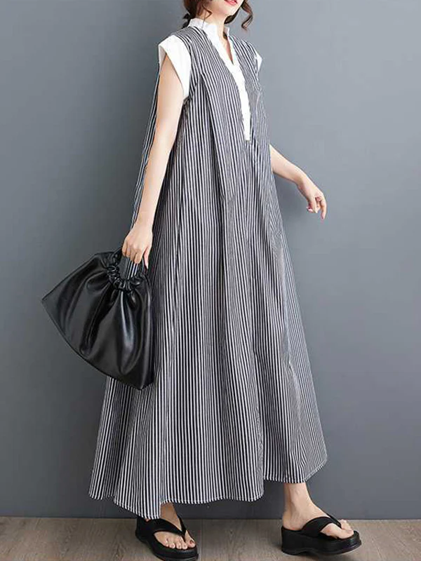 Cap Sleeve Loose Buttoned Striped Lapel Maxi Dresses Shirt Dress - Image 5