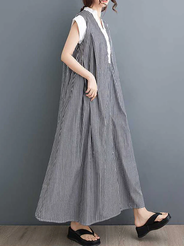 Cap Sleeve Loose Buttoned Striped Lapel Maxi Dresses Shirt Dress - Image 6