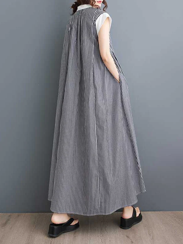 Cap Sleeve Loose Buttoned Striped Lapel Maxi Dresses Shirt Dress - Image 7