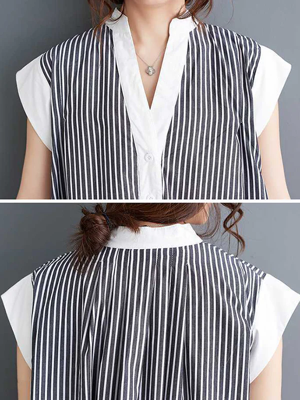 Cap Sleeve Loose Buttoned Striped Lapel Maxi Dresses Shirt Dress - Image 8
