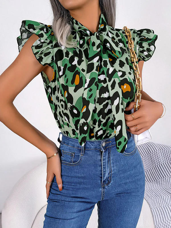 Cap Sleeve Loose Leopard Statement Collar Vest Top - Image 14