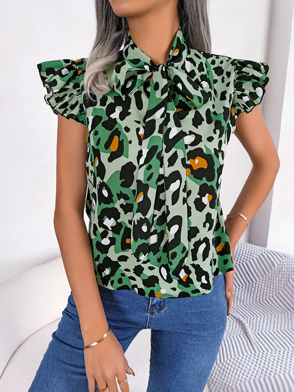 Cap Sleeve Loose Leopard Statement Collar Vest Top - Image 16
