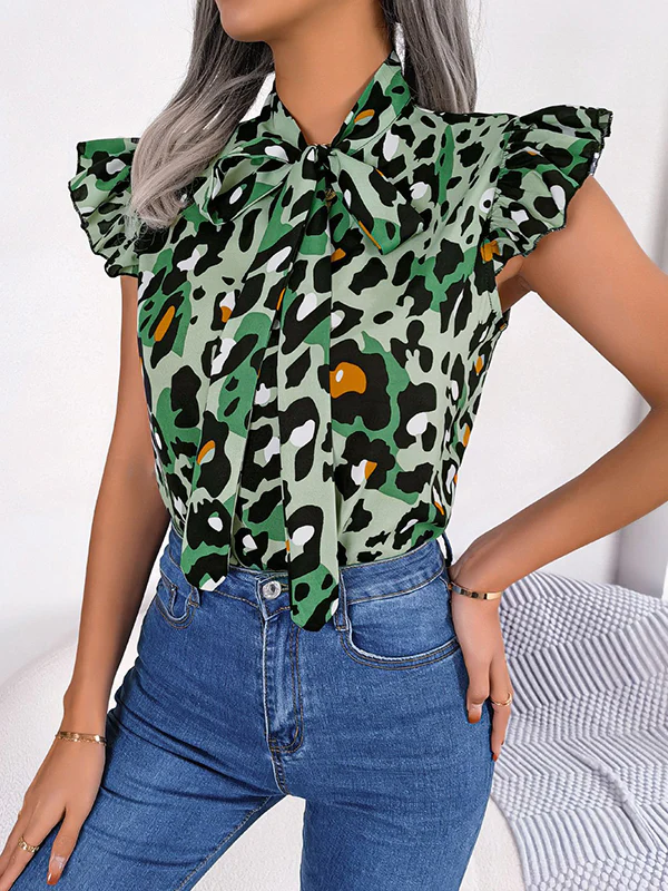Cap Sleeve Loose Leopard Statement Collar Vest Top - Image 17