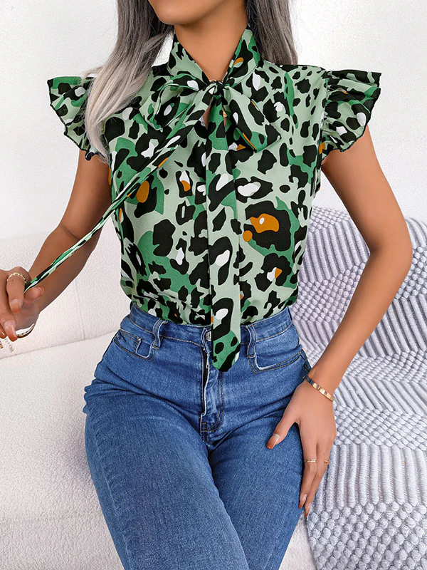 Cap Sleeve Loose Leopard Statement Collar Vest Top - Image 18