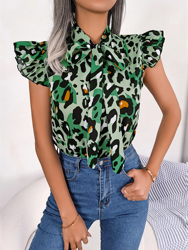 Cap Sleeve Loose Leopard Statement Collar Vest Top - Image 2