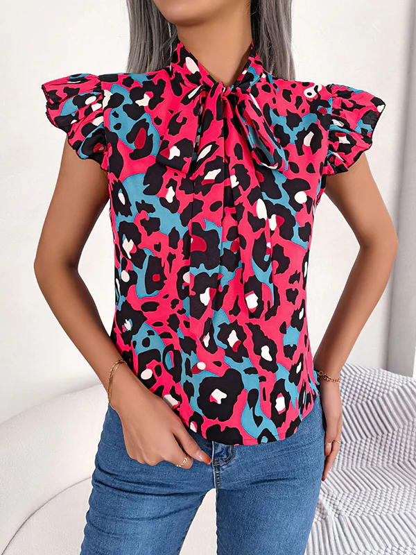 Cap Sleeve Loose Leopard Statement Collar Vest Top - Image 5