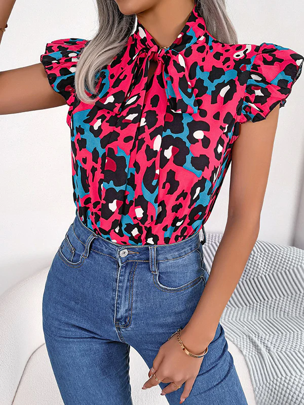 Cap Sleeve Loose Leopard Statement Collar Vest Top - Image 6
