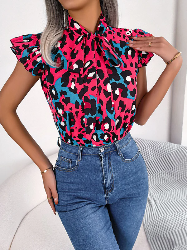 Cap Sleeve Loose Leopard Statement Collar Vest Top - Image 7