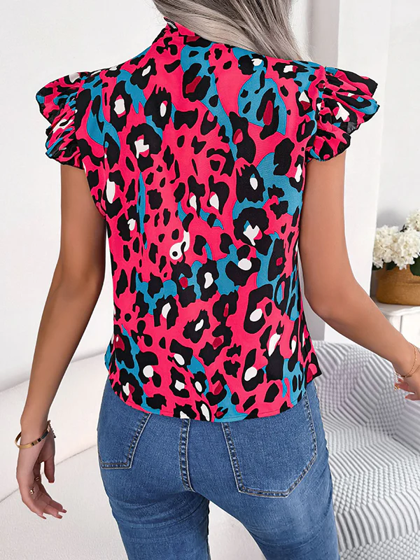 Cap Sleeve Loose Leopard Statement Collar Vest Top - Image 8