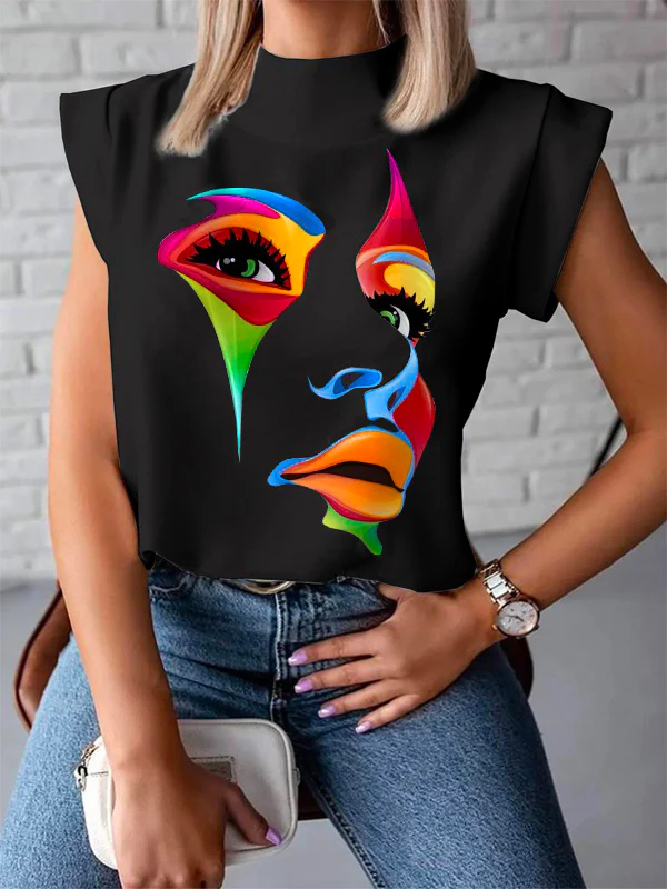 Cap Sleeve Loose Multi-Colored Printed High-Neck T-Shirts Tops - Image 4
