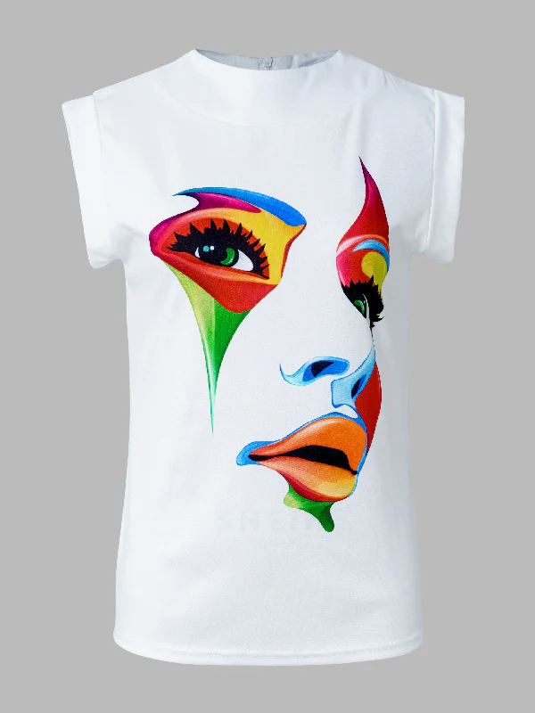 Cap Sleeve Loose Multi-Colored Printed High-Neck T-Shirts Tops - Image 5